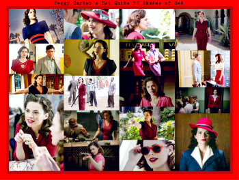 Picspam of Peggy's red attire, with text